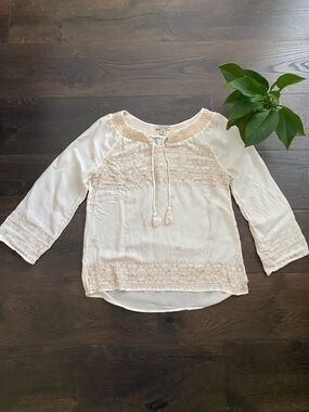 Lucky Brand Cream Embroidered Boho Peasant Tunic Flowy size M